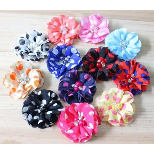 2" Polka dot chiffon flower with rhinestone fabric flowers for headbands 12 colors flat back 100pcs/lot