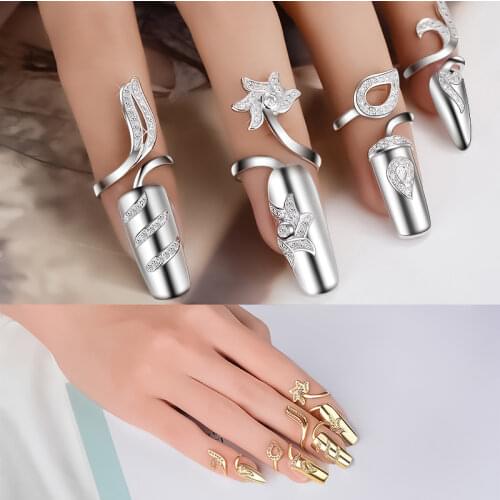 Korean Fashion Wedding Ring Set Opening Adjustable Ring Nail Cover Rings Set With Rhinestone For Women Bridal