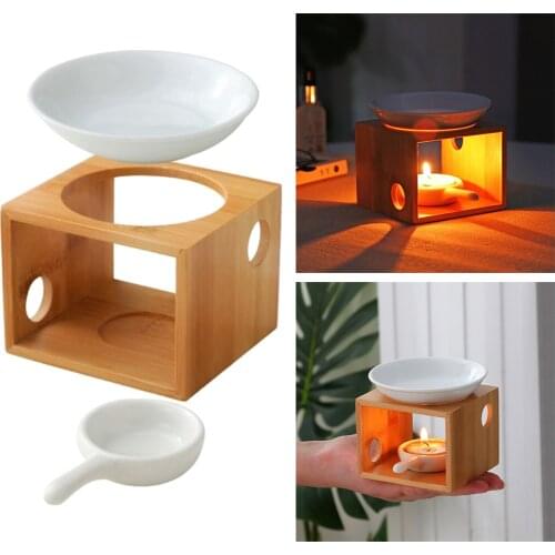 Creative Household Candle Lamp Holder Aromatherapy Burner Home Decoration Ceramic Aroma Oil Candle Holder Wooden Base