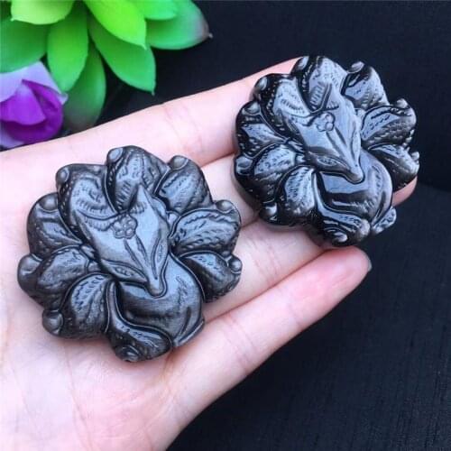 Natural Gemstone Carved Nine-tailed Fox Stone Animal Pendant Fit Necklace Jewelry( Silver obsidian)