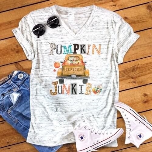 New Women V-neck Loose T-shirts Pumpkin Spice Junkie Print Tee Top Womens Fashion Female Tshirt Tops Fashion Letter Tee Shirt
