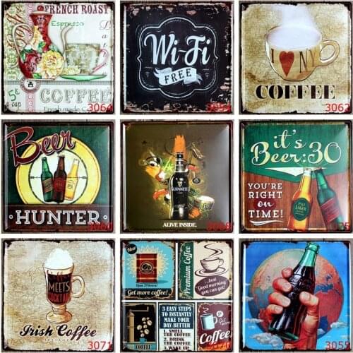 WholeSale 30pcs/lot Coffee beer Vintage Tin painting Metal Signs herbal tea beverage stores decorated restaurant 30*30cm