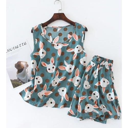 Summer New Womens Viscose Pajamas Sleeveless Vest Shorts Pyjamas Women Cartoon Printing Round Neck Pijama Mujer Home Clothes