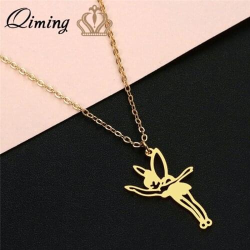 QIMING Figure Flower Fairy Pendant Necklace For Women Girls Baby Elfin Charms Birthday Party Gift Gold Necklaces Collier