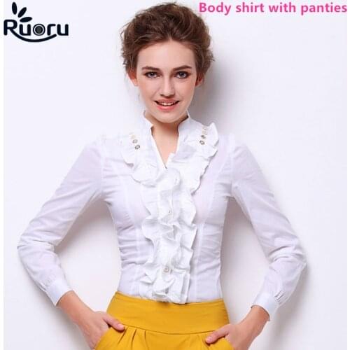 Ruoru Ruffles Blouse Ladies Office Shirts Blouse Elegant Tops Work Wear Slim Fit Women Body Suit Long Sleeve Body Blouse Shirts