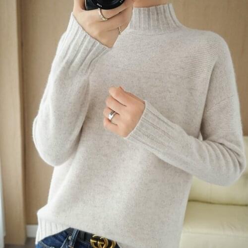 21 Autumn and winter new Casual loose 100% pure wool sweater ladies half high neck pullover knitted cashmere sweater multicolor