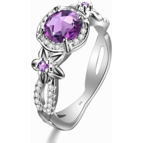 Szjinao Amethyst Ring 925 Sterling Silver Ring For Women Round Gemstone With Diamond Prong Setting Silver 925 Fine Charm Jewelry