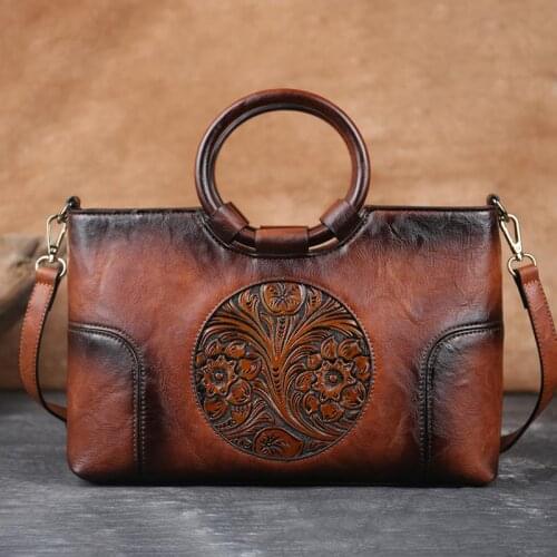 Vintage Womens Handbags Ladies High Quality Leather Shoulder Bag for Woman New Chinese Style Handmade Embossed Female Hand Bags