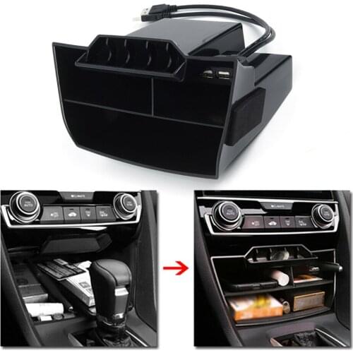 ABS Car Inner Console Central Storage Box Dual USB Port For Honda Civic 2016 2017 2018 2019 Car Accessories