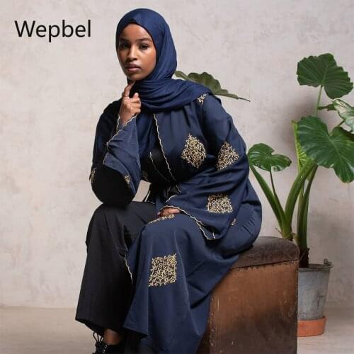 Wepbel Embroidere Islamic Cardigan Dubai Robe Gold Thread Muslim Abaya Long Sleeve Kimono Loose Africa Lace Up Ramadan Dress