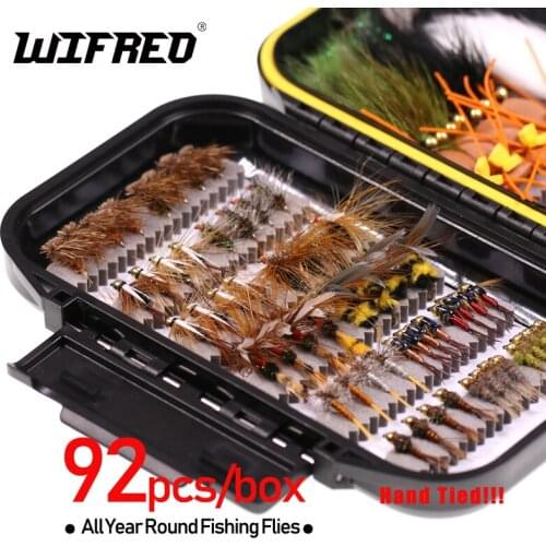 Wifreo 92pcs Fly Fishing Flies Lures Bait Starter Set Dry Wet Fly Streamer Nymph Emerger for Trout Bass Winter Spring Fishing