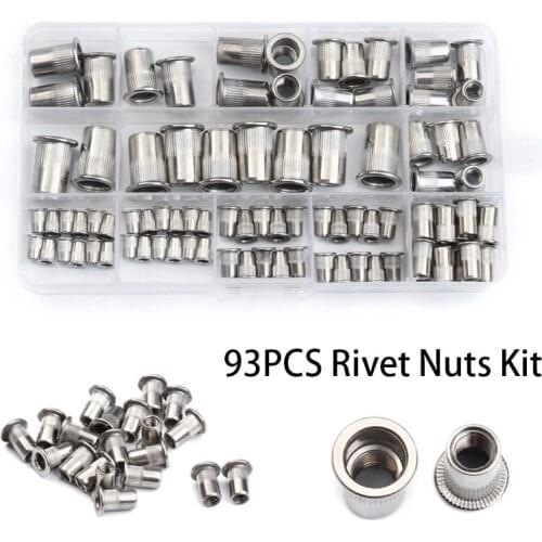 93Pcs Flat Metric Threaded Rivet Nuts Set Insert Riveting Multi Size Rivet Nuts Fastener M3-M10 Assortment Kit with Box