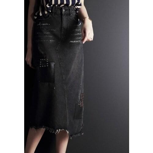New Women Black Mid Calf Long Skirt Office Ladies High Waist Wrap Tassels Denim Skirts Casual Jeans Autumn Jupe Femme 3XL