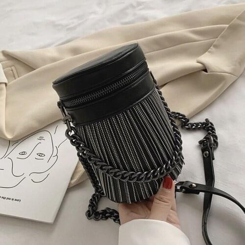 Barrel-shaped ladies hand bag mini Fashion tassel bucket Shoulder bag for women Handbags and purse design Chain sling bags black
