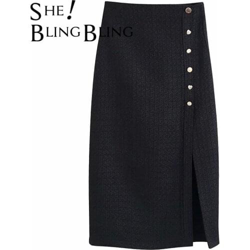 SheBlingBling Za Woman 2021 Casual Traf Midi Long Skirt Autumn Ornate Buttons Tweed Woolen High Waist Femme Pencil Skirt Jupe