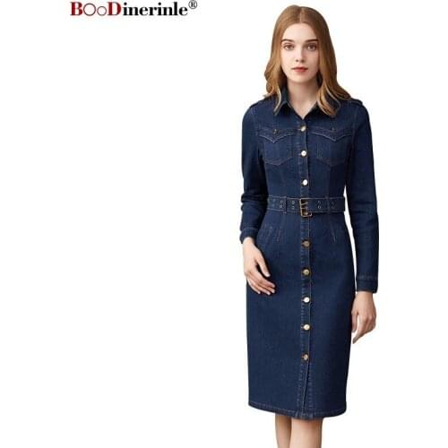 BOoDinerinle Vintage Denim Dress Women Summer 2021 Cotton Long Sleeve Sashes Casual Cowboy Dresses Womens Dress Jeans Woman