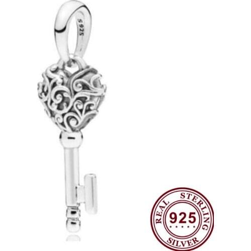 100% 925 Sterling Silver Charm Silver Key Texture Pendant Fit Pandora Women Bracelet & Necklace Diy Jewelry