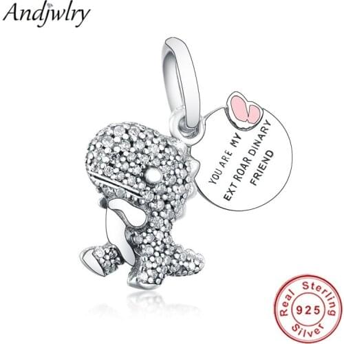 925 Sterling Silver Pave CZ Dinosaur Dangle Charm Fit Original Pandora Charms Bracelet Bead Pendant DIY Jewelry Berloque 925