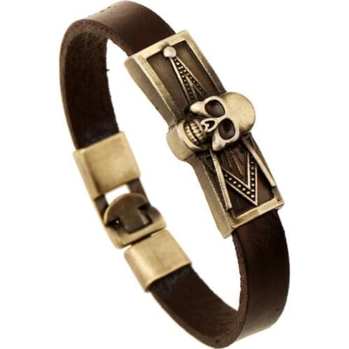 Punk Gothic Rock Skull Charm Cuff Bracelet Retro Genuine Leather Skeleton Wristband Wrap Bangle Women Men Vintage Hiphop Jewelry