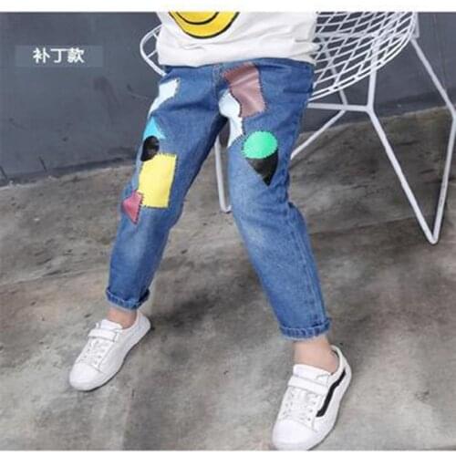 Childrens Clothing Autumn New Boys And Jeans Girls Casual Patch Loose Long Pants 4-12 Ages