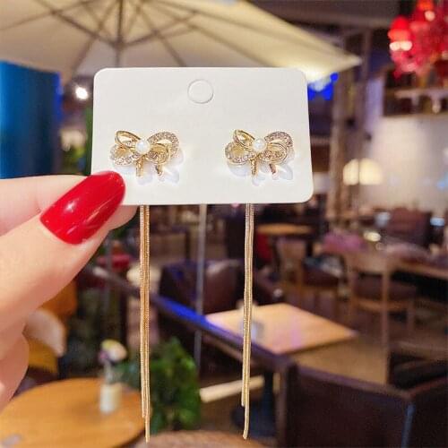 Long tassel bow earrings female temperament Korean net red earrings fashion a pair of earrings