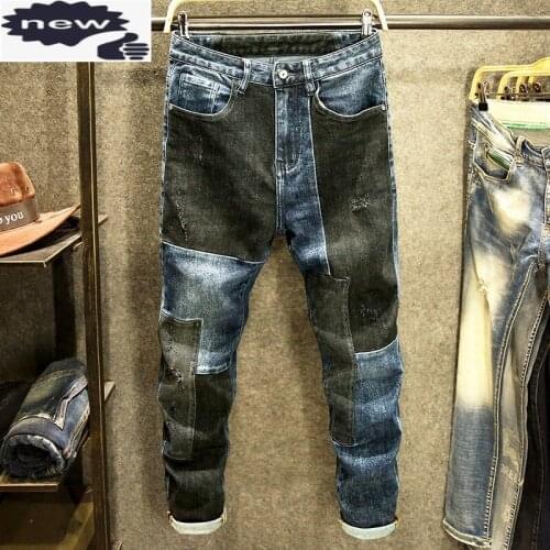 Autumn Patchwork Straight Men Fashion Vintage Loose Zipper Denim Trousers Dark Blue Biker Jeans Hip Hop Punk Streetwear
