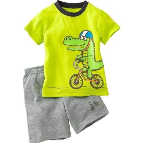 Green Crocodile Baby Boy Clothes Set Bike Children Tee Shirts Pants Suits Kids Outfit 100% Cotton Tops Panties 2 3 4 5 6 7 Years