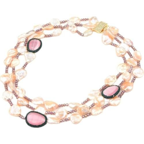 GG Jewelry 3 Strands Natural Keshi Pearl Pink Cat Eye Crystal Cute Necklace Handmade For Women