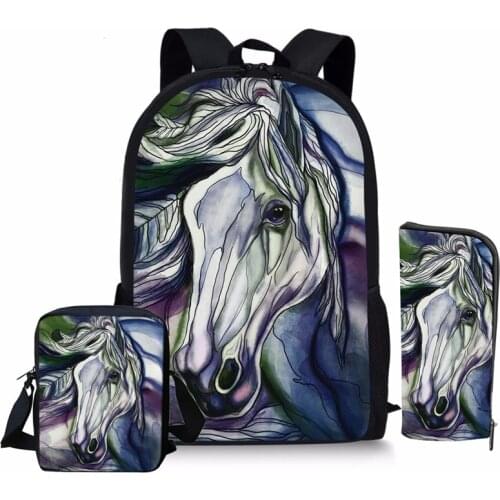 3D Crazy Horse Print Backpack Set for Teenage Boys Girls Cool Kids School Bagpack Primary Student Animal Book Bag