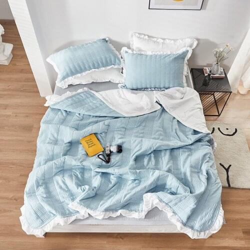 Cotton Pure Cotton Seersucker Air Condition Thin Stripe Summer Cool Quilt+Pillowcase With Lace Breathable Bedspread Quilts