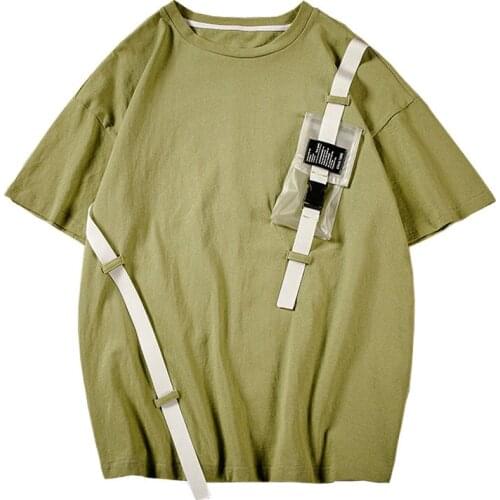 Hip Hop Army Green Street Wear Ribbon Mens Short Sleeve Hip Hop T shirts Cotton Vintage Harajuku T-Shirt LBZ68
