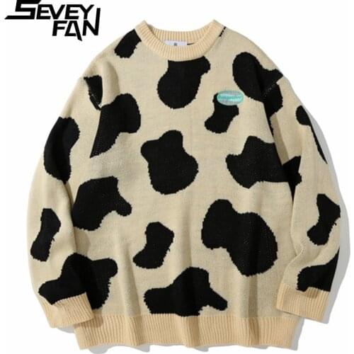 SEVEYFAN Mens Cow Spots Jacquard Sweater BF Loose O Neck Knitwear Hip Hop Pullover Sweaters for Couples