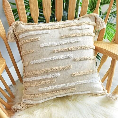 Boho Style Cushion Cover 45x45cm Pillow Cover Cotton Linen Tufted Tassles Beige for Home Decoration Sofa Bed 45x45cm/30x50cm