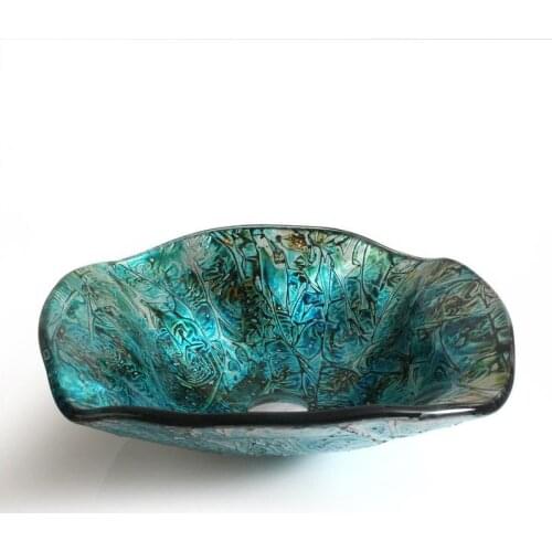 Sky blue Bathroom Glass Vessel Sink + Brush Nickel Faucet & Matching Mounting Ring flower shape