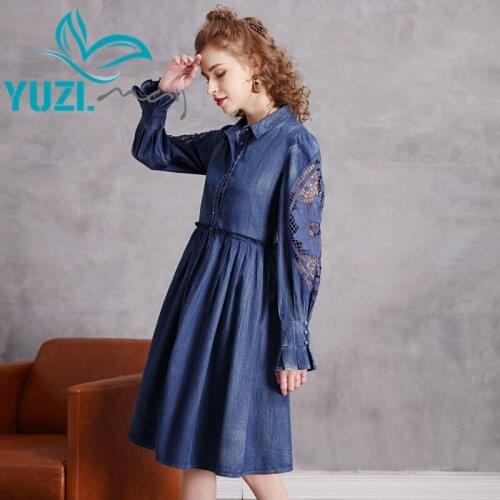 Dress For Women 2021 Yuzi.may Boho New Denim Woman Dresses Turn-down Collar Flare Sleeve Hollow Out Vestidos A82277 Vestido