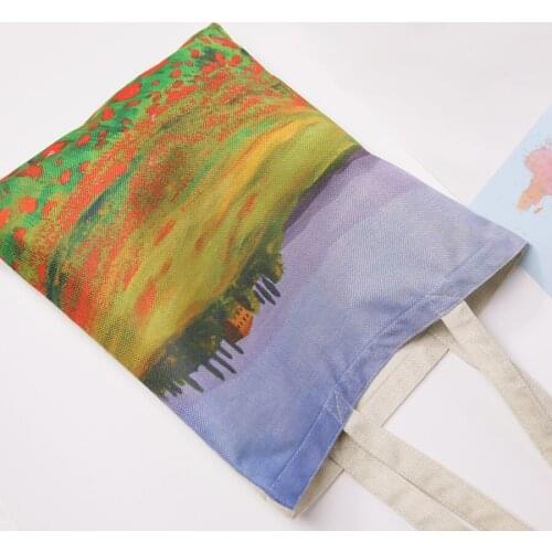 Dropshipping Canvas Bag Vegan Linen Cotton Shopping Bags Landscape Printed Large Tote Bag