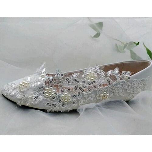 Luxury lace pearls flats shoes woman wedding party brides bridal bridesmaid girls dancing ivory flats plus size silver shoes