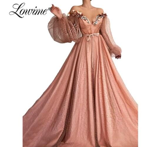 Blush Pink Arabic Off The Shoulder Prom Dresses Abendkleider 2019 Dubai Kaftan Evening Gowns With Crystals Tulle Party Dress New