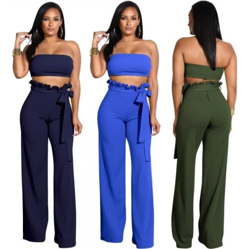 Strapless Top 2 Piece Set Women Solid Color Outfits Crop Top Pants Sets Lace-Up Belt Around The Waist Summer Clothes for Female