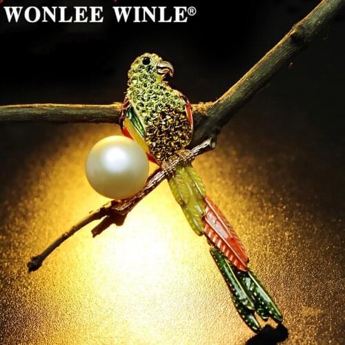 Wonlee Winle TOP Quality Full Rhinestone Austria Crystal Pearl Parrot Brooches for Women Fashion Jewelry