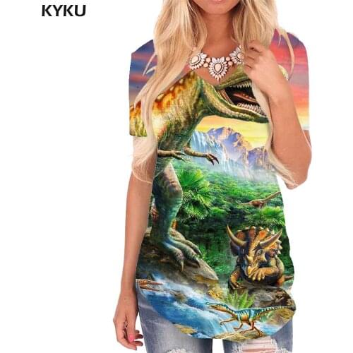 KYKU Dinosaur T-shirt women Animal V-neck Tshirt Forest T-shirts 3d Moon Shirt Print Womens Clothing Hip hop Casual Tops New