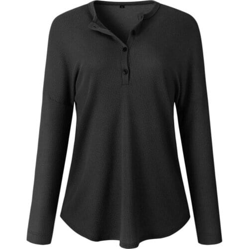 Womens Knit Solid T-Shirt Tunic Tops Casual Loose Long Sleeve Button Up V Neck Blusas Korean Clothes Women Camisas Mujer