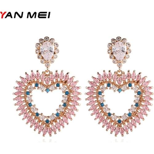 YANMEI Multicolor Stone Heart Dangle Earrings For Women Elegant Korea Fashion Earring Wedding Gifts Pendientes Jewelry YME7999