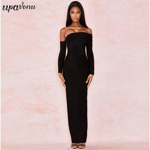 Free Shipping 2021 Off-shoulder Long Sleeve Black Bandage Long Dress Womens Sexy Halter Bodycon Rear Split Club Party Vestidos