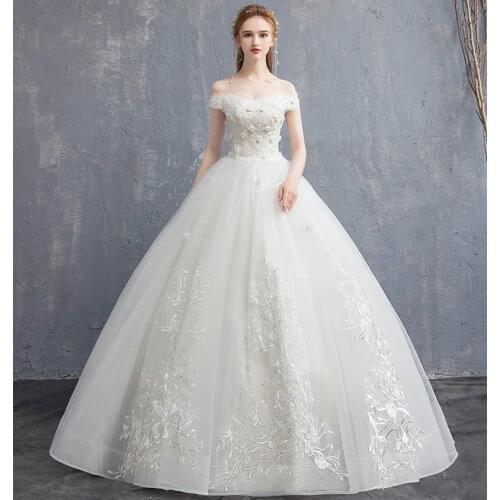 Embroidery New Wedding Dress With Flowers Tulle Vestido De Novia Boat-Neck Women Bride wedding Dresses Bridal Gown 2021
