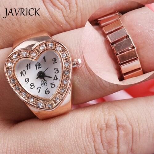 2020 Popular Creative Lady Girl Copper Tone Heart Shape Housing Elastic Band Finger Ring Watch For Women
