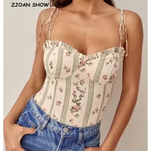 2021 Adjust Tie Bow Strap Wood ears Striped Green Floral Print Camis Women Summer Tanks Retro Girl Sexy Slim Crop Top Short Tees