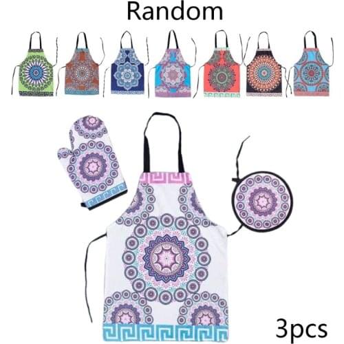 3PCS Mandala Style Heat Resistant Kitchen Glove with Apron and Potholder Set K0AB