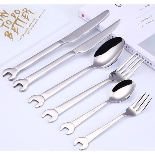 6Pcs/Lot Creative Wrench Shape 304 Stainless Steel Dinner Knife Tea Fork Coffee Spoon Dinnerware Set Cutlery Kitchen Utensils