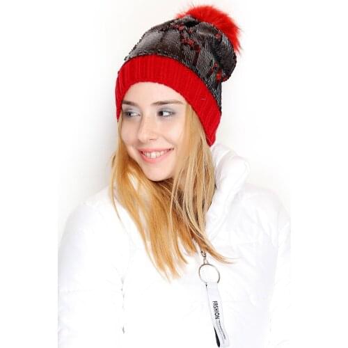 Sequin Pompon Beanie Kırmızısiyah - 3504.1100